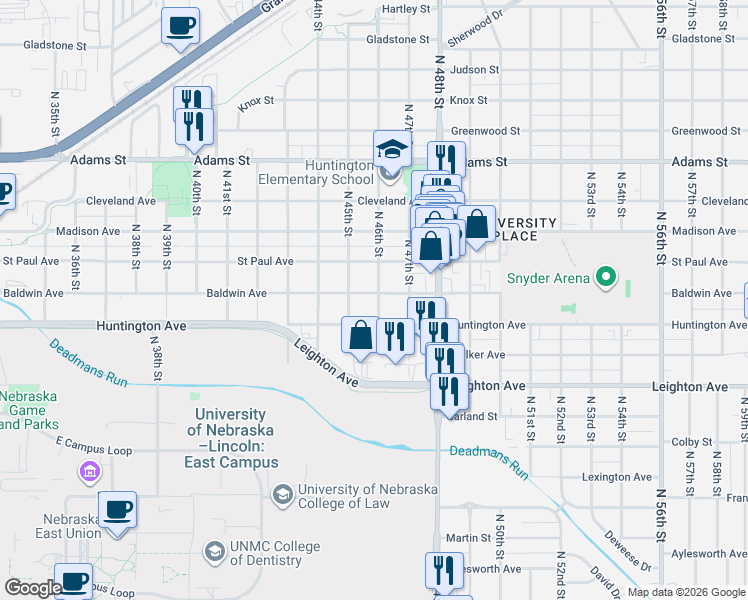 map of restaurants, bars, coffee shops, grocery stores, and more near 4510 Huntington Avenue in Lincoln