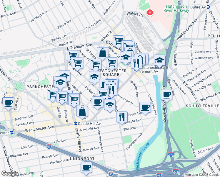 map of restaurants, bars, coffee shops, grocery stores, and more near in The Bronx