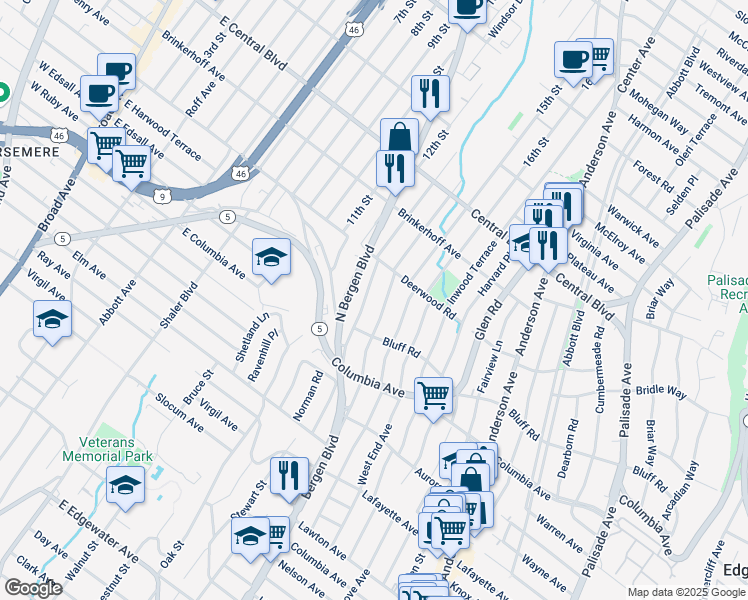 map of restaurants, bars, coffee shops, grocery stores, and more near 1051 Bergen Boulevard in Fort Lee