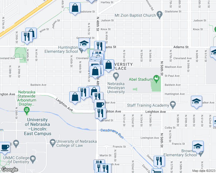 map of restaurants, bars, coffee shops, grocery stores, and more near 4903 Baldwin Avenue in Lincoln
