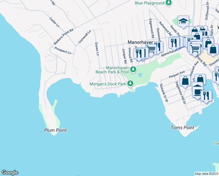 map of restaurants, bars, coffee shops, grocery stores, and more near 7 The Quarter Deck in Manorhaven