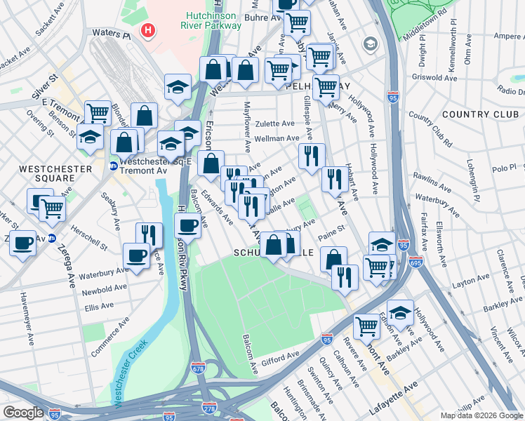 map of restaurants, bars, coffee shops, grocery stores, and more near 3154 East Tremont Avenue in The Bronx