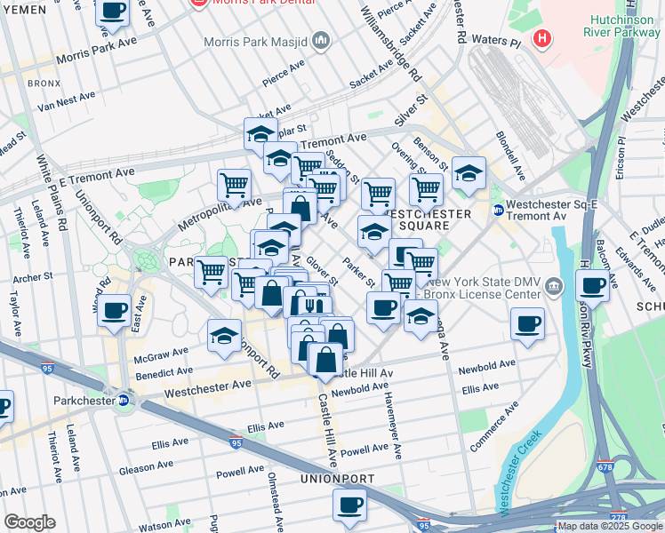 map of restaurants, bars, coffee shops, grocery stores, and more near 1551 Glover Street in Bronx