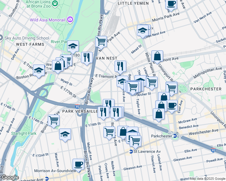 map of restaurants, bars, coffee shops, grocery stores, and more near 1491 Rosedale Avenue in Bronx