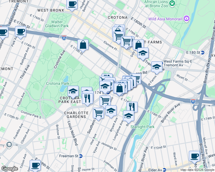 map of restaurants, bars, coffee shops, grocery stores, and more near 1718 Southern Boulevard in The Bronx