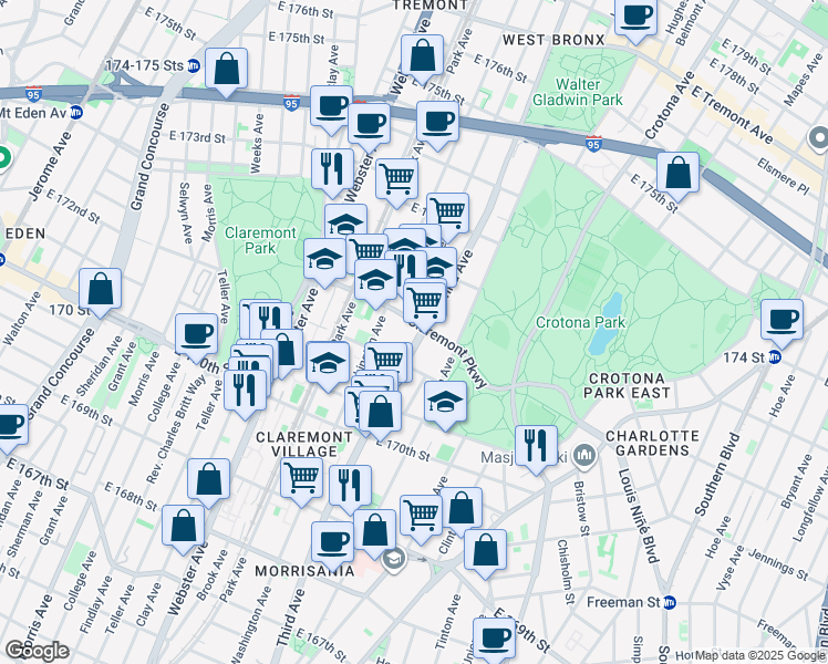 map of restaurants, bars, coffee shops, grocery stores, and more near 3805 3rd Avenue in Bronx