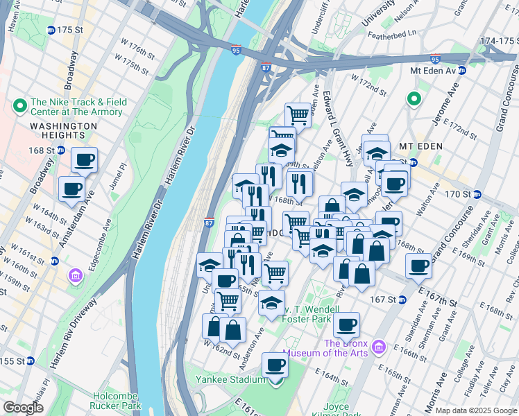 map of restaurants, bars, coffee shops, grocery stores, and more near in The Bronx