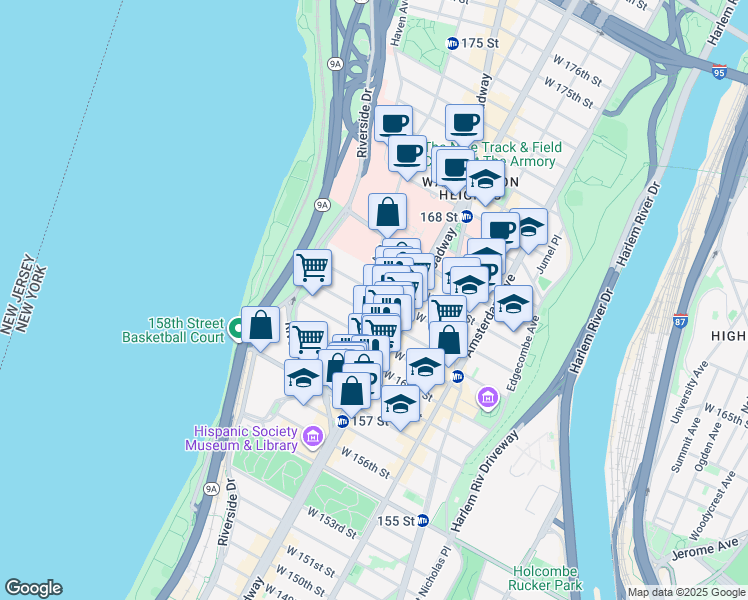 map of restaurants, bars, coffee shops, grocery stores, and more near 66 Fort Washington Avenue in New York