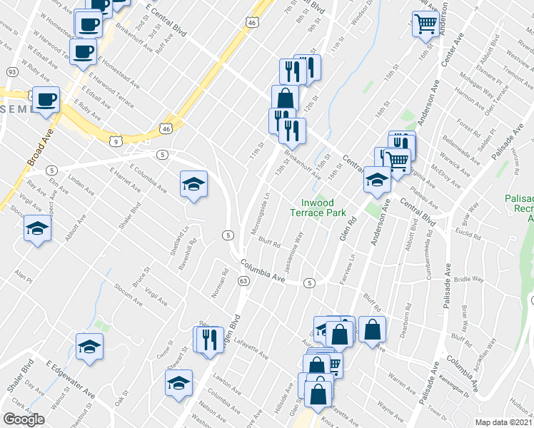 map of restaurants, bars, coffee shops, grocery stores, and more near 1051 Bergen Boulevard in Fort Lee