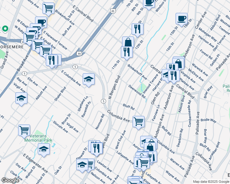 map of restaurants, bars, coffee shops, grocery stores, and more near in Palisades Park