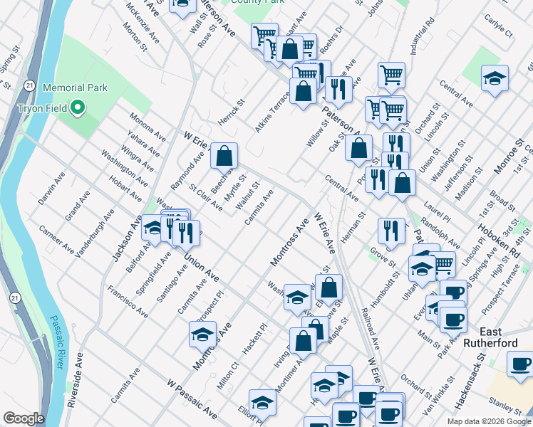 map of restaurants, bars, coffee shops, grocery stores, and more near 115 Morse Avenue in Rutherford