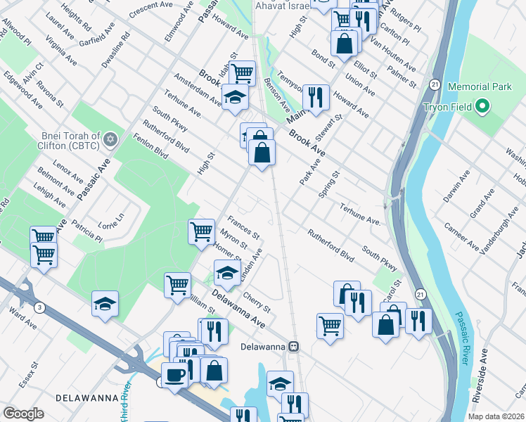 map of restaurants, bars, coffee shops, grocery stores, and more near 31 Spruce Court in Clifton