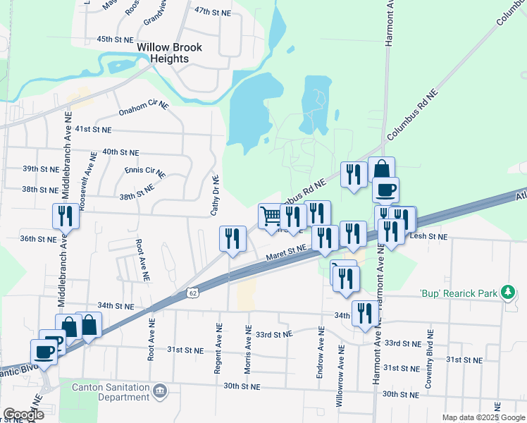 map of restaurants, bars, coffee shops, grocery stores, and more near 2810 Columbus Road Northeast in Canton