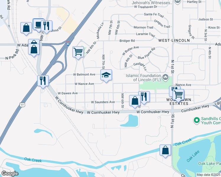map of restaurants, bars, coffee shops, grocery stores, and more near 2444 North Chester Street in Lincoln