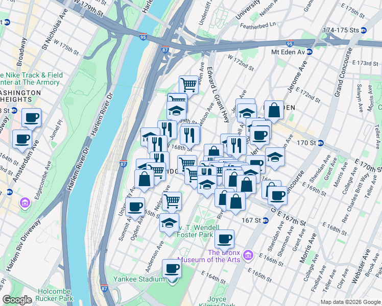 map of restaurants, bars, coffee shops, grocery stores, and more near 1219 Woodycrest Avenue in Bronx