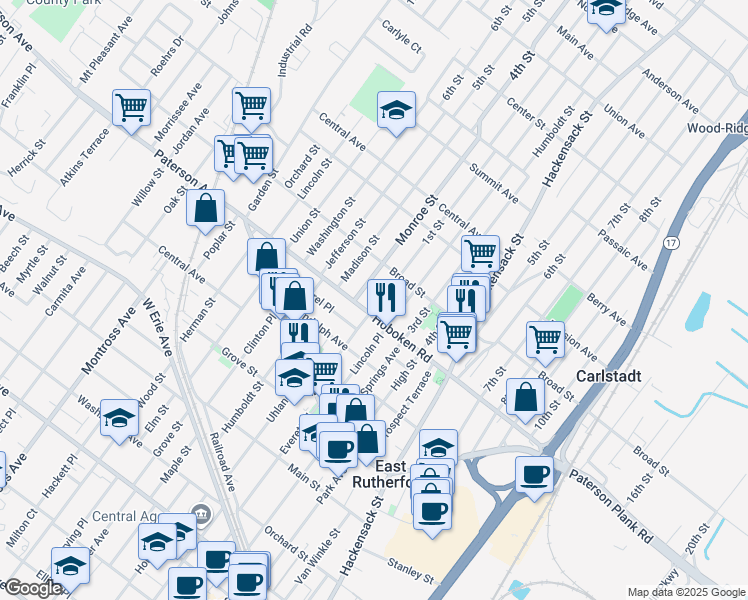map of restaurants, bars, coffee shops, grocery stores, and more near 479 Hoboken Road in Carlstadt