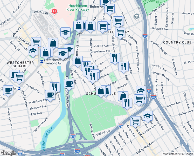 map of restaurants, bars, coffee shops, grocery stores, and more near 3154 East Tremont Avenue in The Bronx