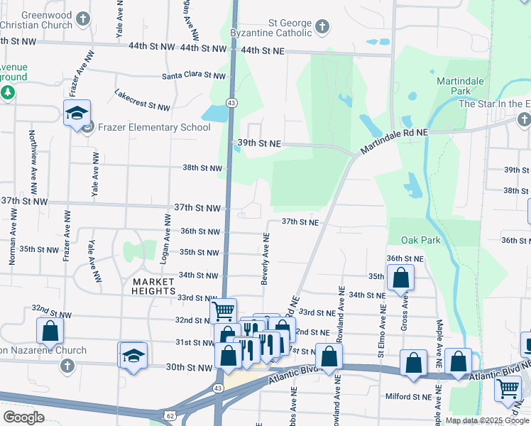 map of restaurants, bars, coffee shops, grocery stores, and more near 3608 Vicary Square Northeast in Canton