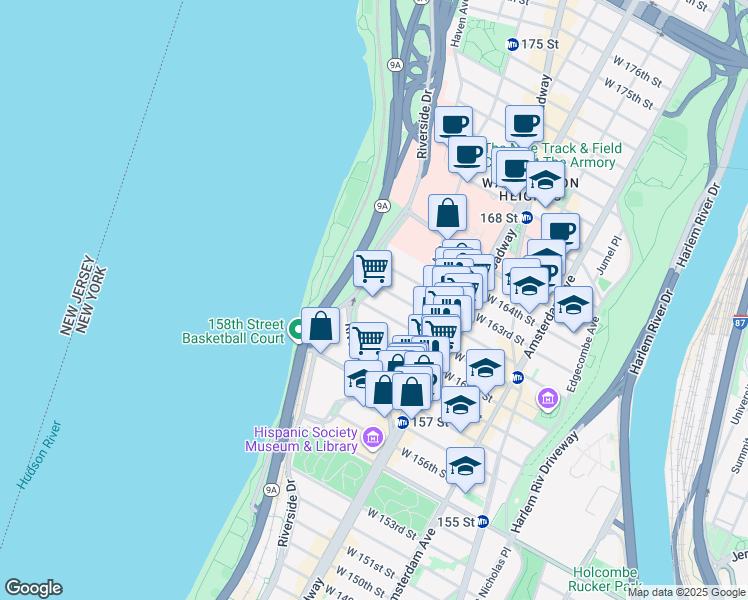 map of restaurants, bars, coffee shops, grocery stores, and more near 664 West 161st Street in New York