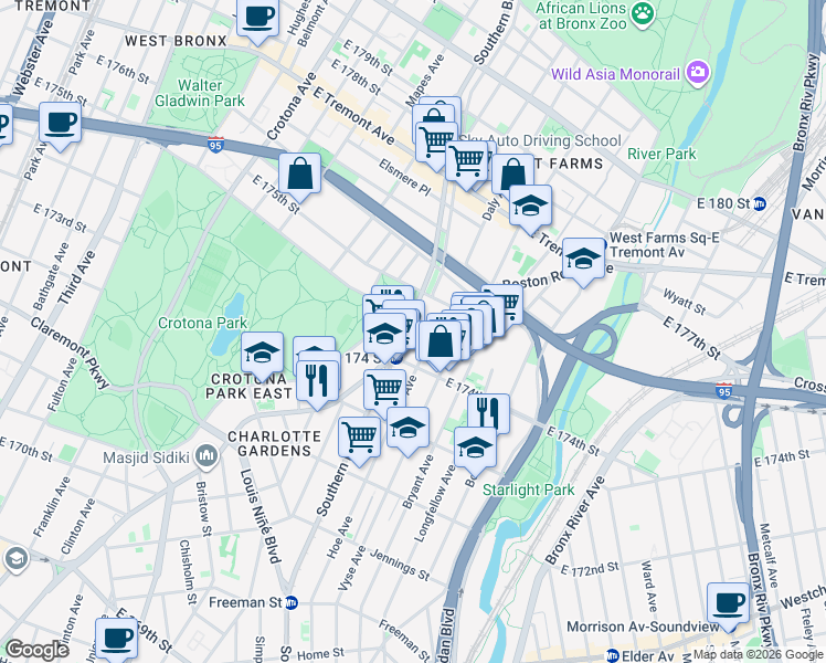 map of restaurants, bars, coffee shops, grocery stores, and more near 1718 Southern Boulevard in The Bronx