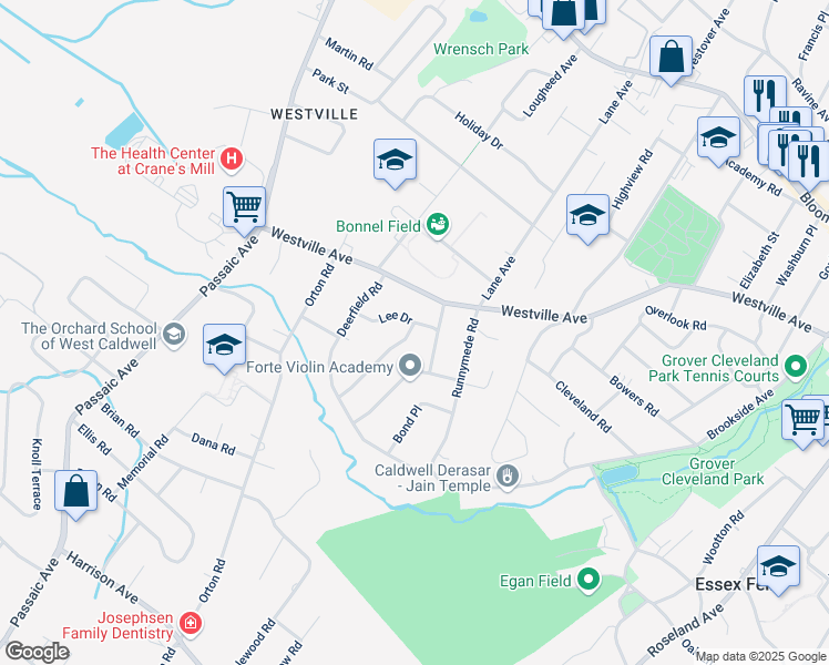 map of restaurants, bars, coffee shops, grocery stores, and more near 21 Sunnie Terrace in West Caldwell