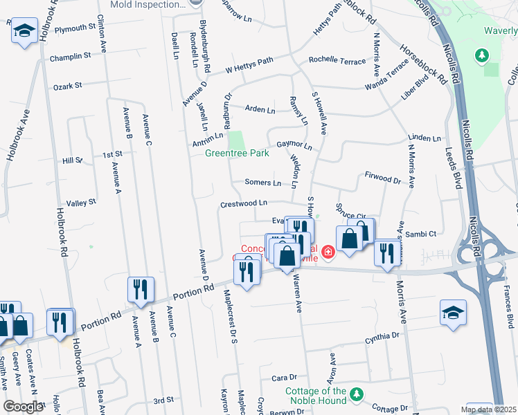 map of restaurants, bars, coffee shops, grocery stores, and more near 28 Crest Lane in Farmingville