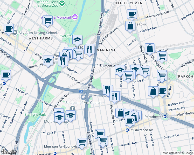map of restaurants, bars, coffee shops, grocery stores, and more near 1541 Bronx River Avenue in Bronx