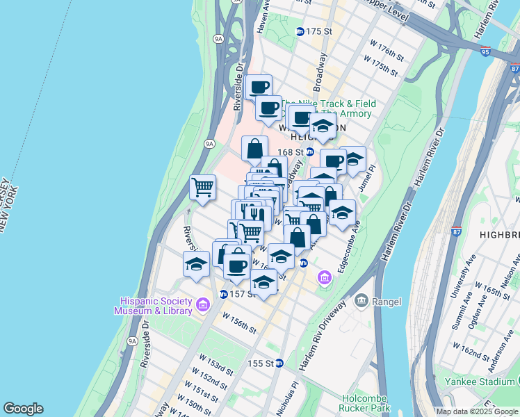 map of restaurants, bars, coffee shops, grocery stores, and more near 603 West 163rd Street in New York