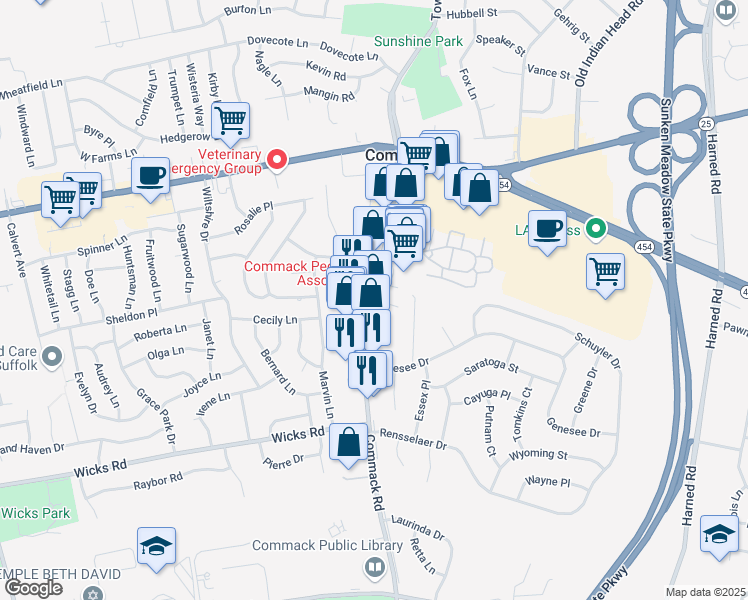 map of restaurants, bars, coffee shops, grocery stores, and more near 221 Commack Road in Commack