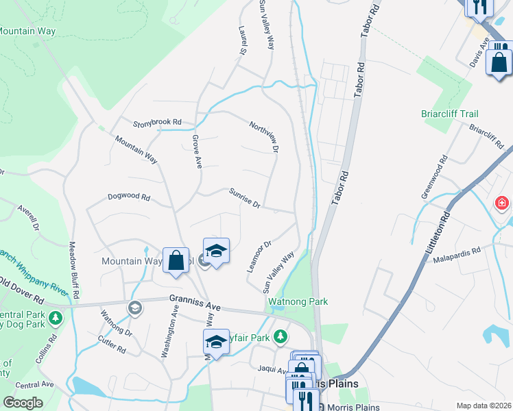 map of restaurants, bars, coffee shops, grocery stores, and more near 21 Sunrise Drive in Morris Plains