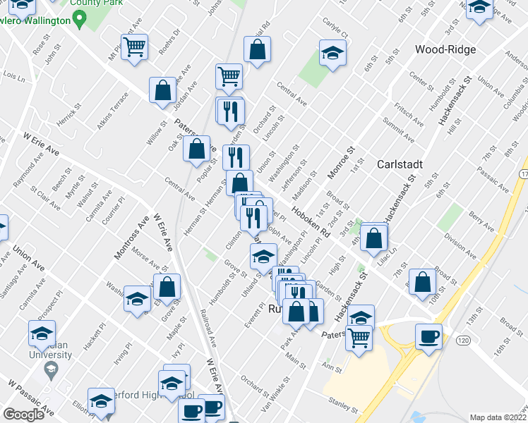 map of restaurants, bars, coffee shops, grocery stores, and more near 21 Windsor Avenue in East Rutherford