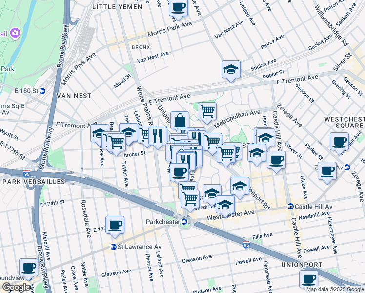 map of restaurants, bars, coffee shops, grocery stores, and more near 1499 West Avenue in Bronx