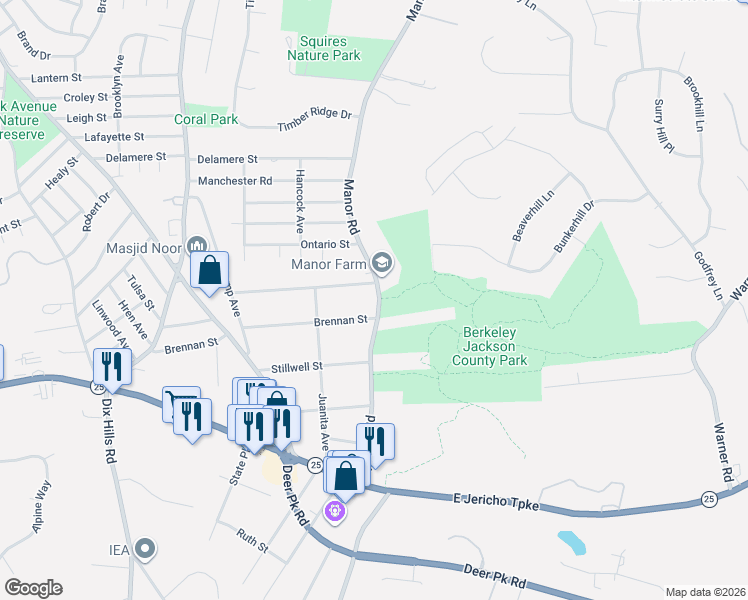 map of restaurants, bars, coffee shops, grocery stores, and more near 225 Manor Road in Huntington
