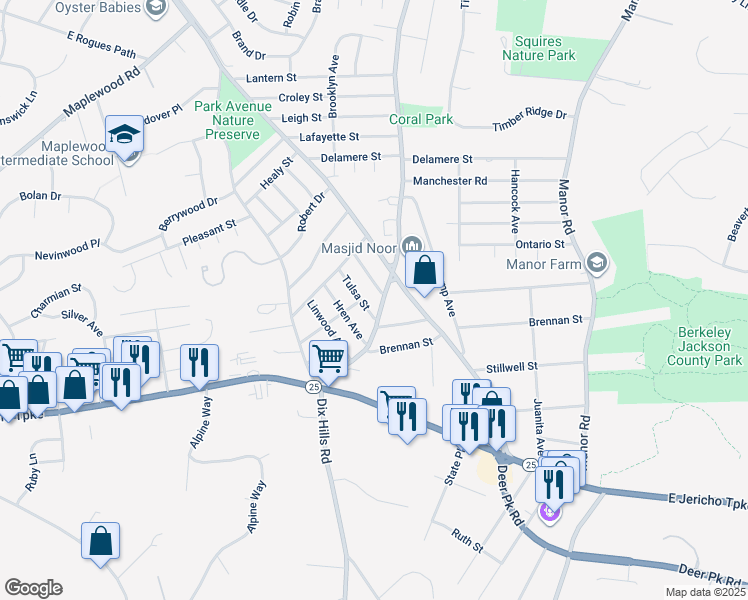 map of restaurants, bars, coffee shops, grocery stores, and more near 420 Broadway in Huntington