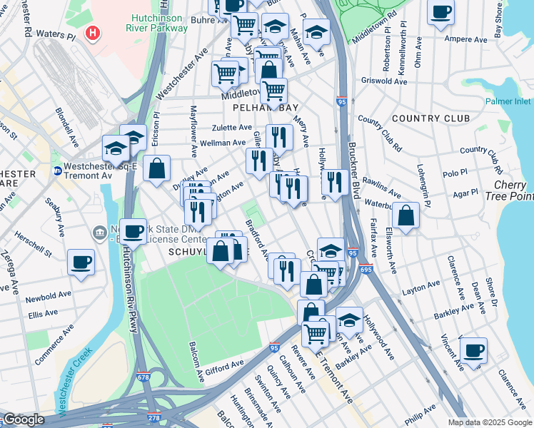 map of restaurants, bars, coffee shops, grocery stores, and more near 1286 Edison Avenue in Bronx