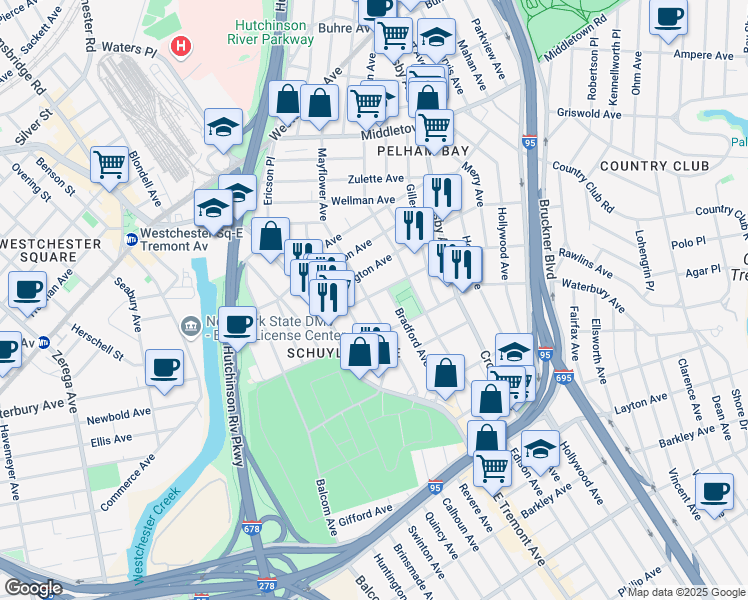 map of restaurants, bars, coffee shops, grocery stores, and more near 1314 Puritan Avenue in Bronx