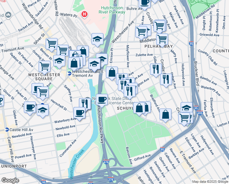 map of restaurants, bars, coffee shops, grocery stores, and more near 1338 Ellison Avenue in Bronx