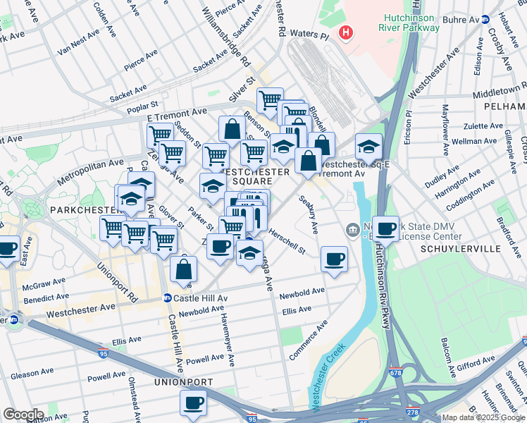 map of restaurants, bars, coffee shops, grocery stores, and more near 2407 Westchester Avenue in Bronx