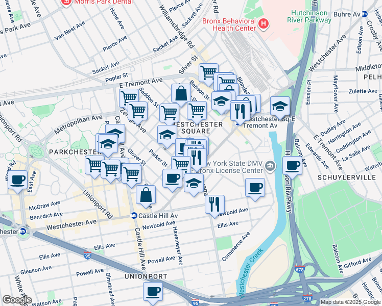 map of restaurants, bars, coffee shops, grocery stores, and more near in The Bronx