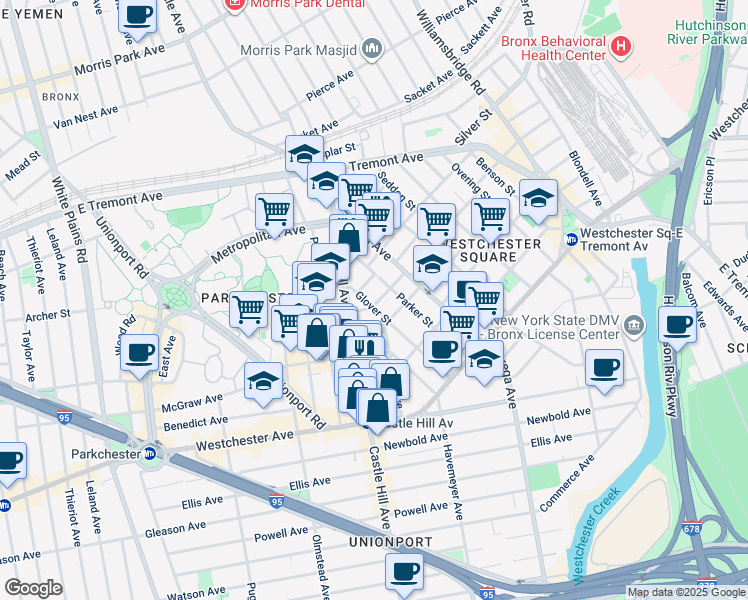 map of restaurants, bars, coffee shops, grocery stores, and more near 1551 Glover Street in Bronx