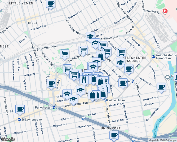 map of restaurants, bars, coffee shops, grocery stores, and more near 2151 Saint Raymond Avenue in Bronx