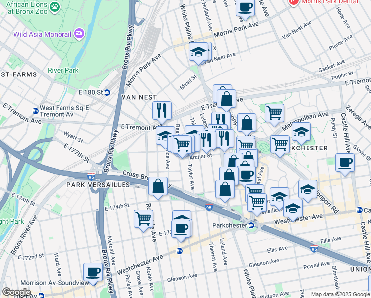 map of restaurants, bars, coffee shops, grocery stores, and more near in The Bronx