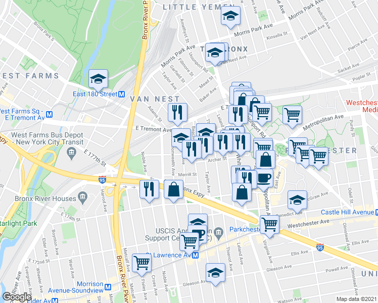 map of restaurants, bars, coffee shops, grocery stores, and more near in The Bronx