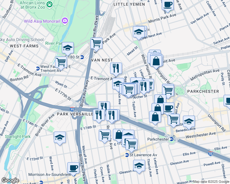 map of restaurants, bars, coffee shops, grocery stores, and more near 1484 Commonwealth Avenue in Bronx