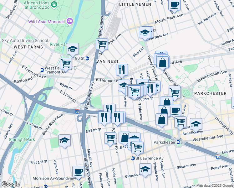 map of restaurants, bars, coffee shops, grocery stores, and more near 1484 Commonwealth Avenue in Bronx