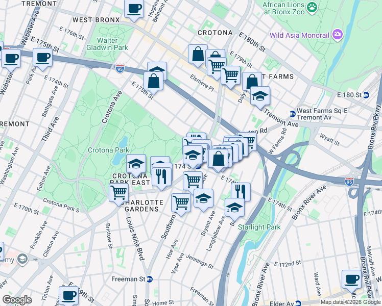 map of restaurants, bars, coffee shops, grocery stores, and more near 1691 Boston Road in The Bronx