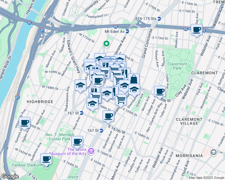 map of restaurants, bars, coffee shops, grocery stores, and more near 108 East Clarke Place in Bronx