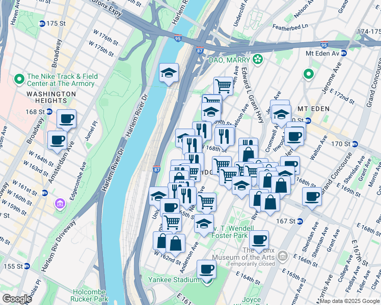 map of restaurants, bars, coffee shops, grocery stores, and more near in Bronx