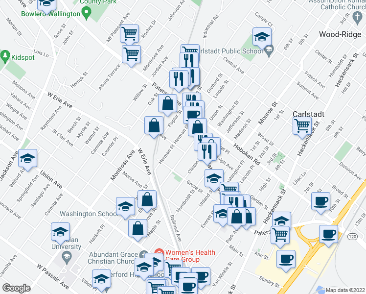 map of restaurants, bars, coffee shops, grocery stores, and more near 74 Mozart Street in East Rutherford