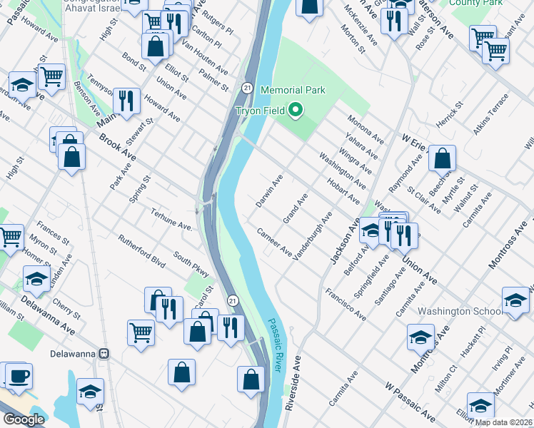 map of restaurants, bars, coffee shops, grocery stores, and more near 218 Grand Avenue in Rutherford